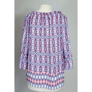 VALERIE STEVENS Womens L Red Blue White Geometric Print Ruffle Sleeve Boho‎ Top